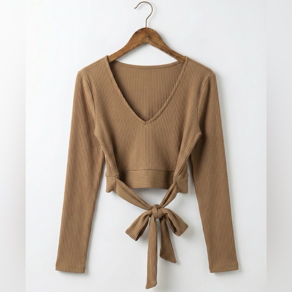 Brown Ribbed Knit Long Sleeve Crop Blouse/